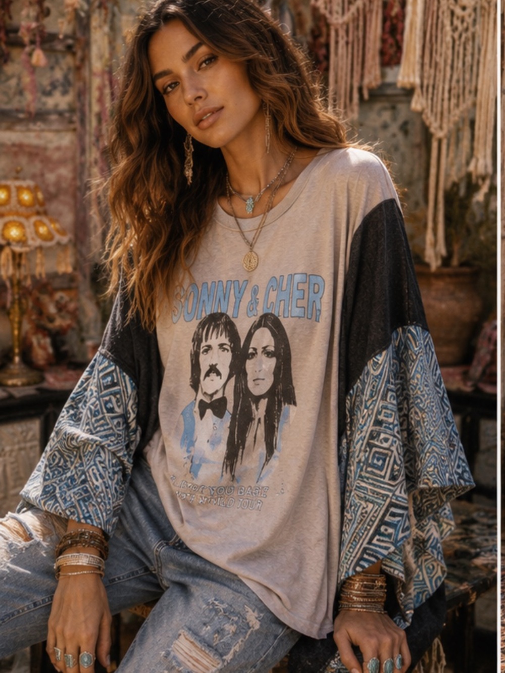 Sonny & Cher Graphic Boho tee w/KANTHA Kimono Sleeves- Blue Velvet